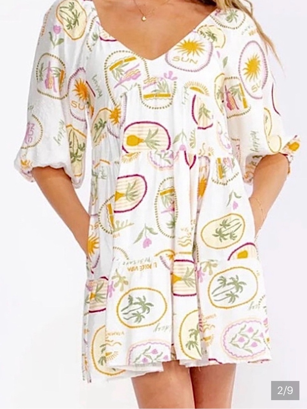 Millibon Cream Tropical Medallion Tiered Puff-Sleeve Dress